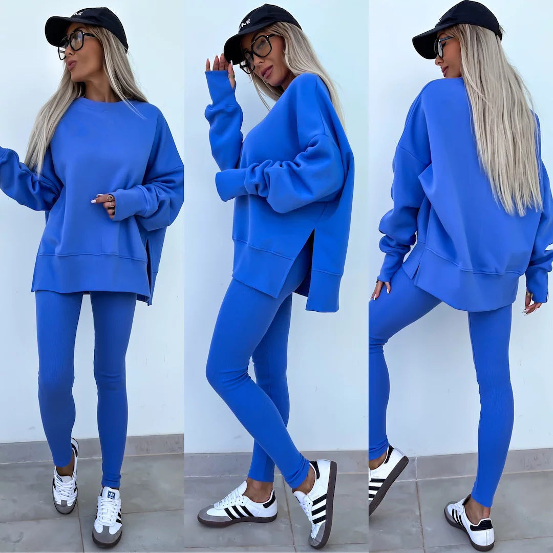 Women’s Casual Sweater Suit – Loose Split Top & Fitted Trousers Set in blue, showcasing relaxed comfort and modern style.