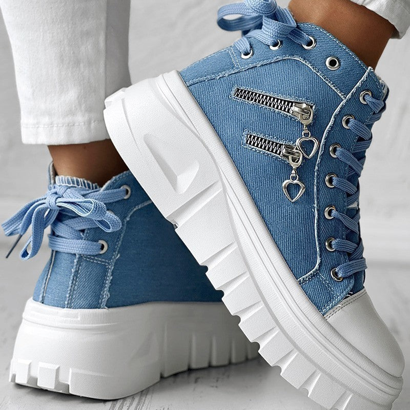 Blue denim Muffin Heel Side-Zipper Sneakers for Women with heart charm and white soles, perfect for casual fashion.