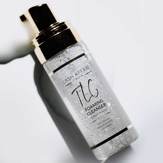 TLC | Tea Tree 3-in-1 Eyelash Extension Cleaner bottle with foaming formula and antibacterial properties.