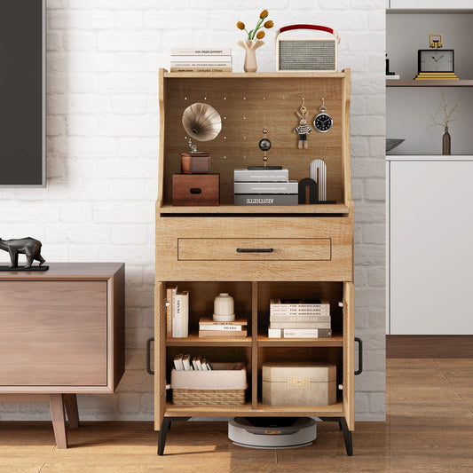 Coffee Bar Cabinet with Pegboard Storage Drawer and Adjustable Shelf-Oak in living room setting with decor items on shelves.