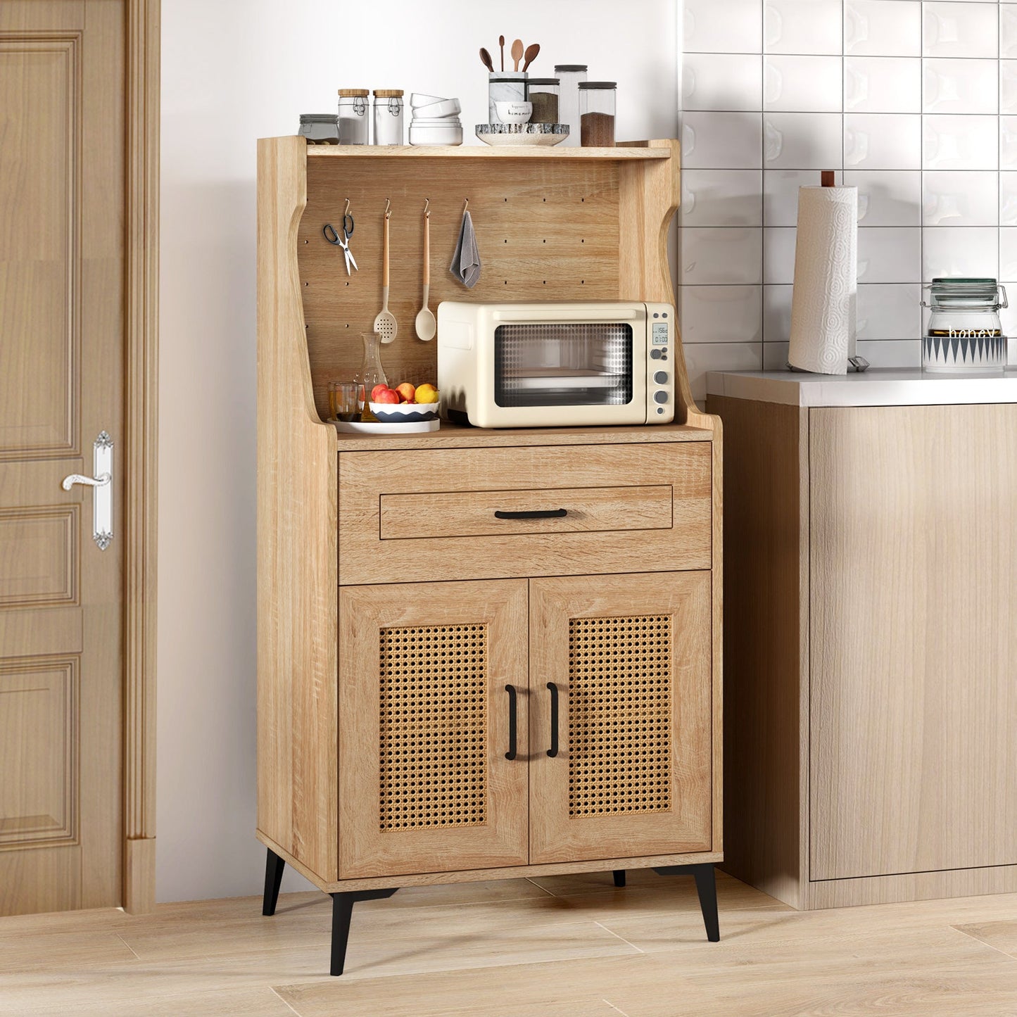 Coffee Bar Cabinet with Pegboard Storage Drawer and Adjustable Shelf-Oak in kitchen setting