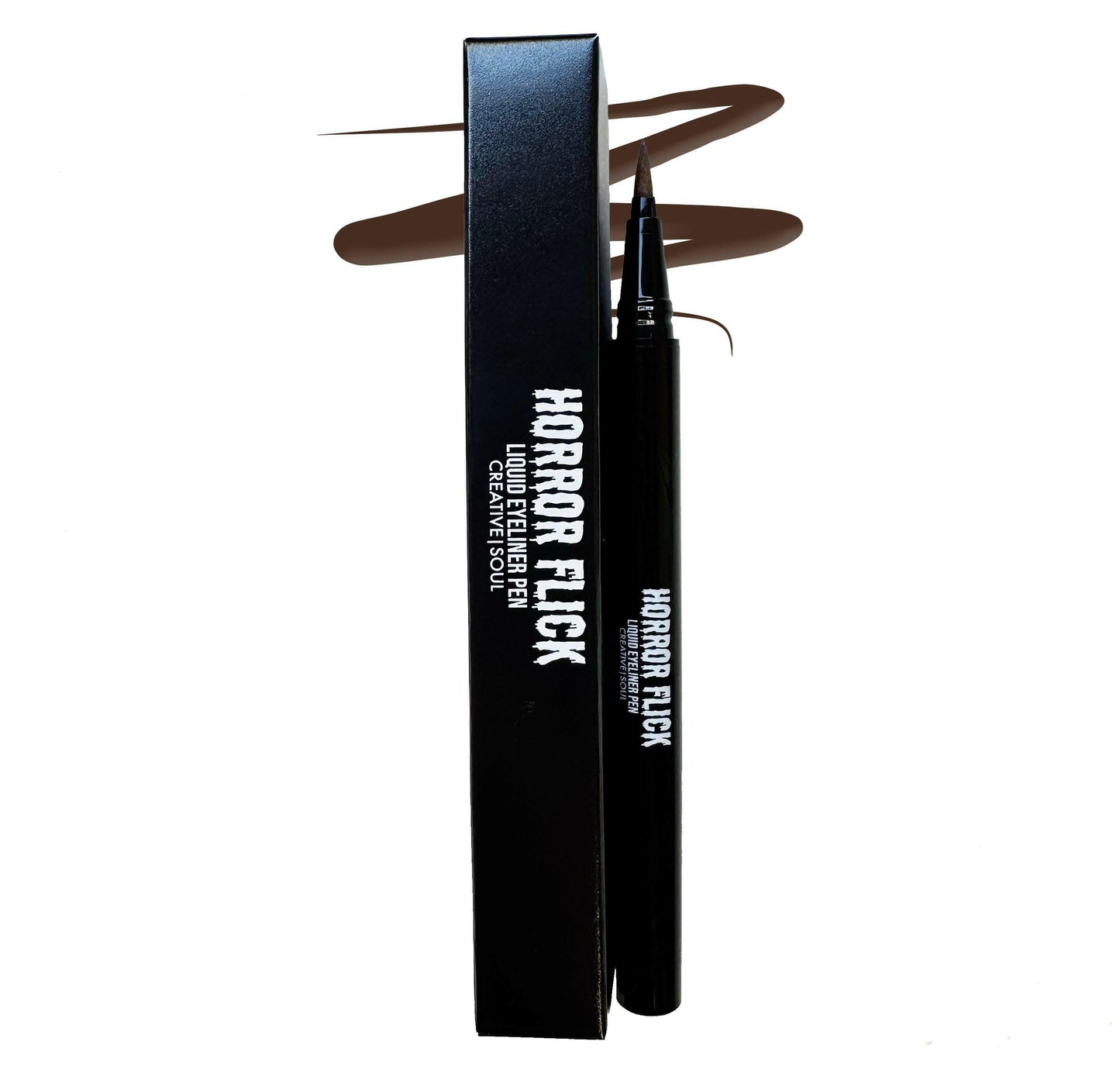 Horror Flick Liquid Eyeliner Pen in Crypt shade - deep brown, waterproof, long-lasting, precise applicator, smudge-proof formula.