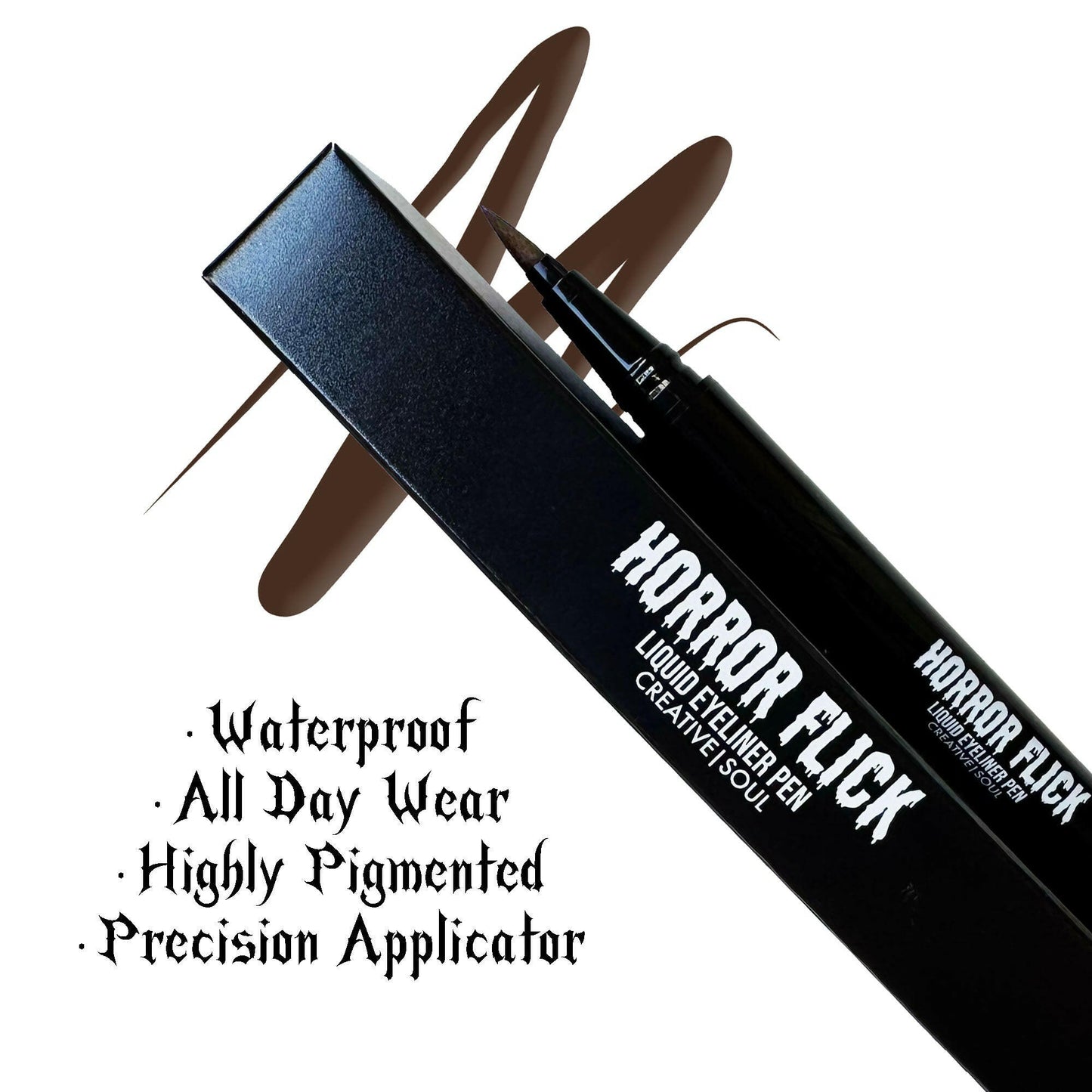 Horror Flick Liquid Eyeliner Pen in Crypt deep brown shade with precision tip for long-lasting, waterproof application.