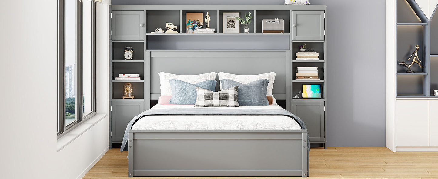 Queen Size Wooden Bed With All-in-One Cabinet, Shelf and Sockets,Twin XL Trundle, Gray