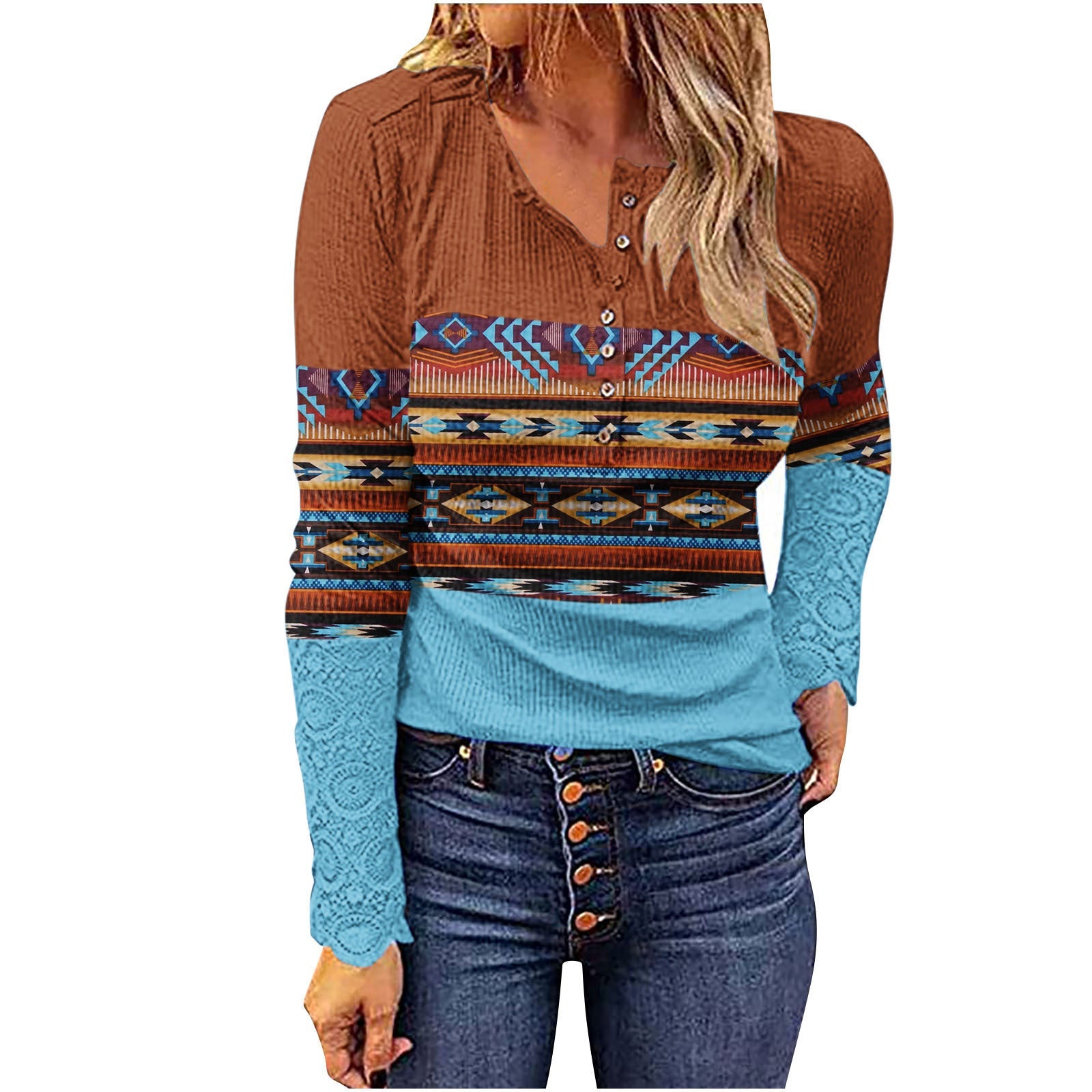 Desert Sunset Cowgirl Knit Top with bold geometric patterns and western button details in brown and blue long sleeves