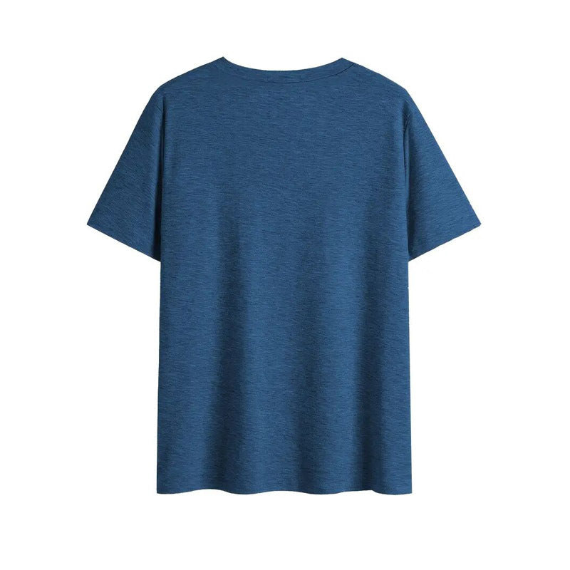 Back view of Women's V-Neck T-Shirt Geometric Cross Casual Summer Short Sleeve Top in blue color.