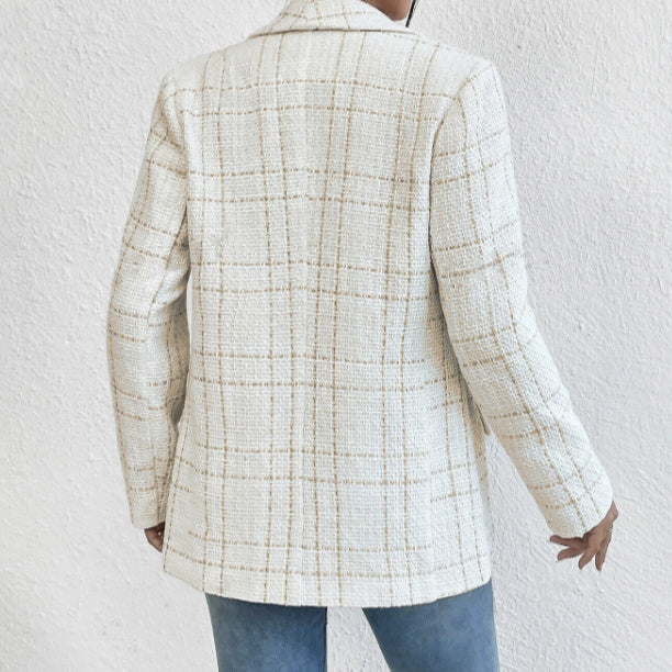 Rear view of Ladies' Solid Color Linen Fake Pocket Design Fashionable Suit Jacket with long sleeves, ideal for spring and autumn seasons.
