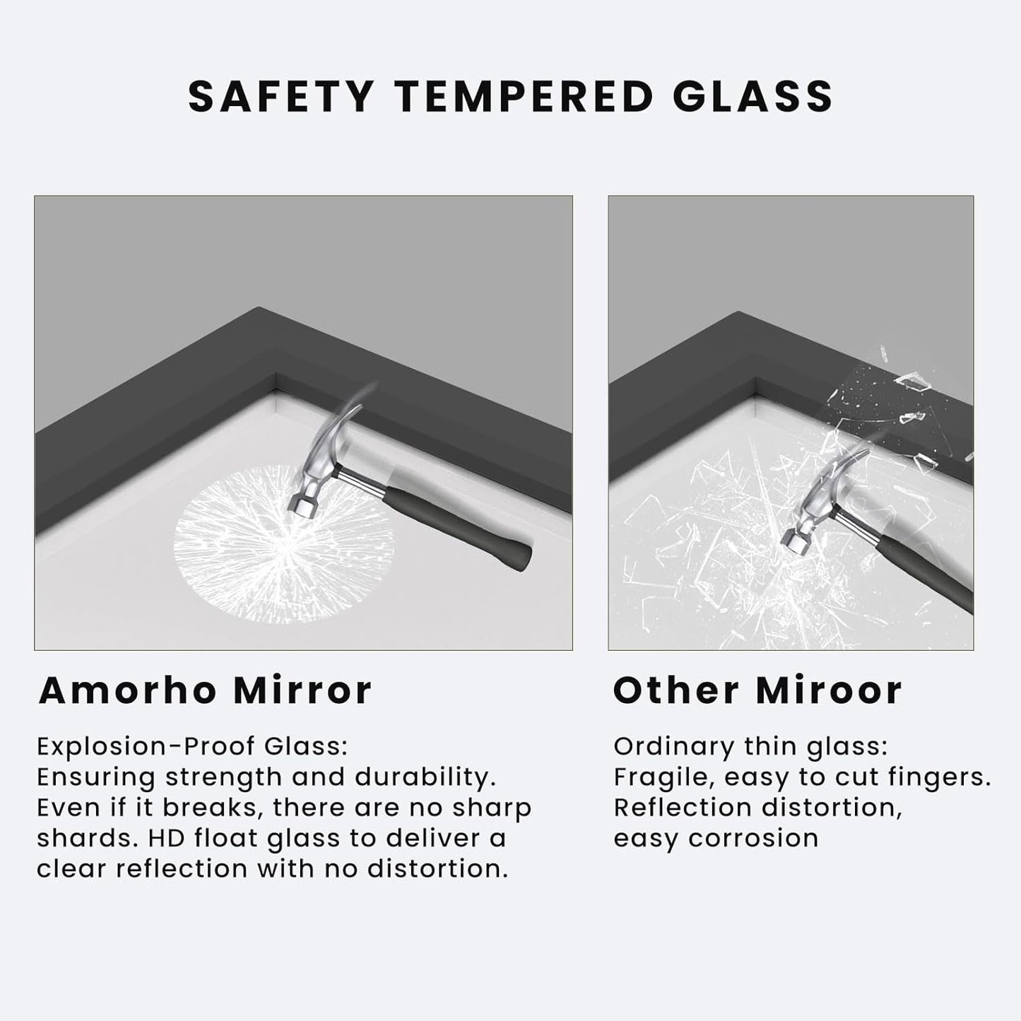 Amorho Mirror with safety tempered glass comparison to ordinary mirror