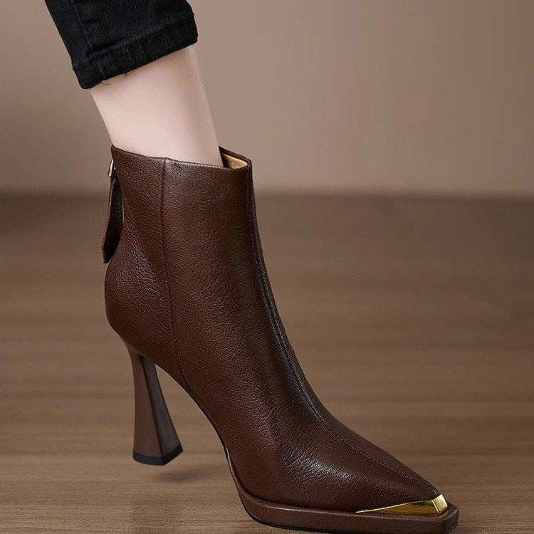 Women’s Pointed-Toe Chunky-Heel Side-Zip Boots in brown leather with sleek design and side zipper for easy wear and stylish look.