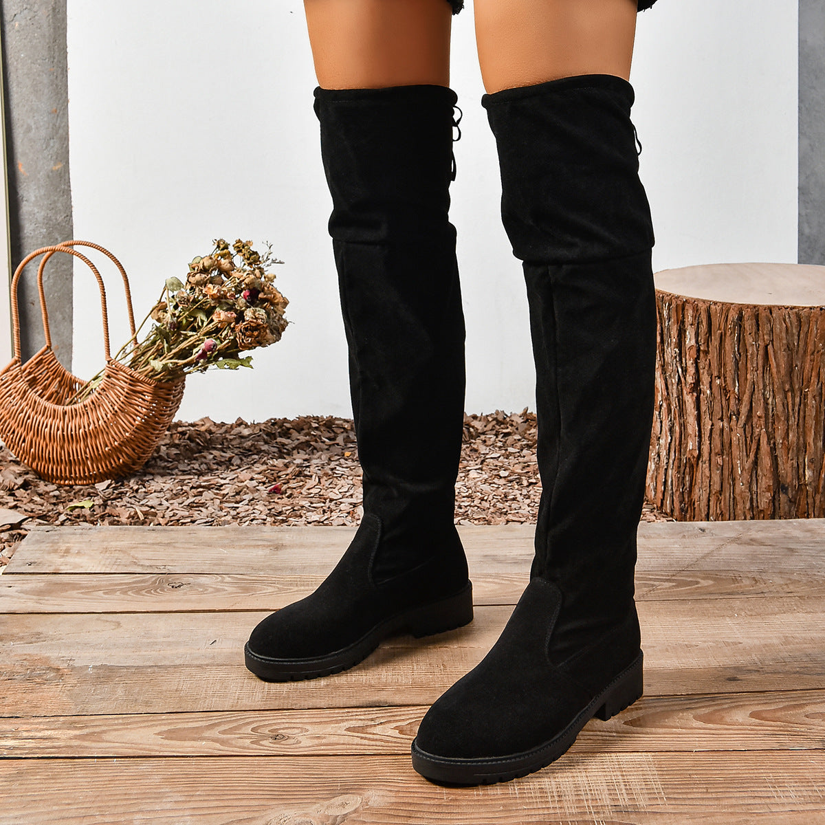 Women’s Elastic Knee-High Boots – Thick Sole Solid Color Fashion Boots displayed on wooden floor