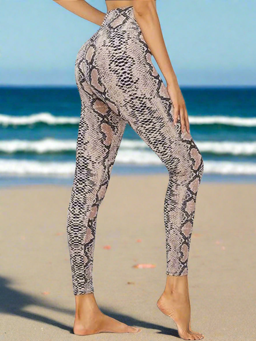 Cropped High-Waisted Leggings – Brown Snake Print Workout Pants
