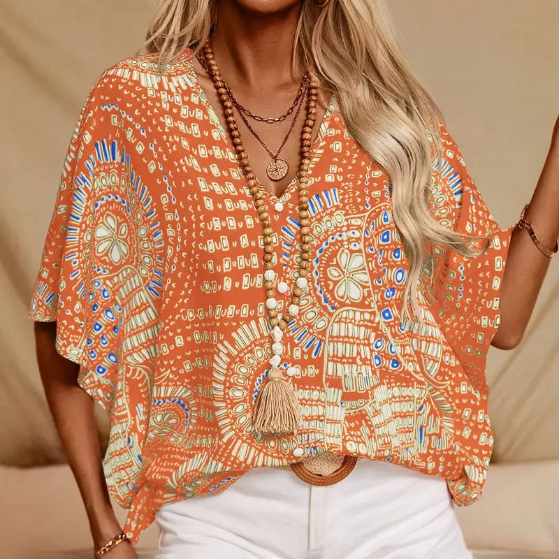 Mandala Print V-Neck Blouse – Casual Vacation Top