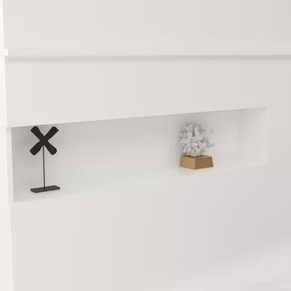 Close-up of shelf in Natural White Corner Computer Desk with Hutch and Storage, featuring decorative elements for a stylish touch.