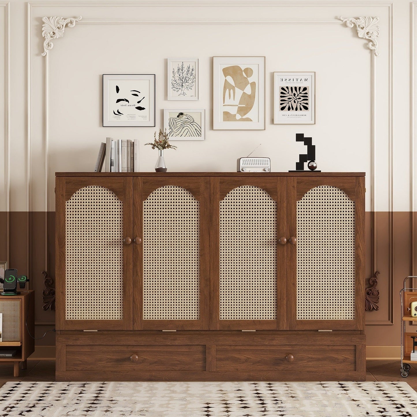 Queen Size Murphy Bed, Pine Wood Cabinet Bed with Power Station and Rattan Decoration Panel,Walnut