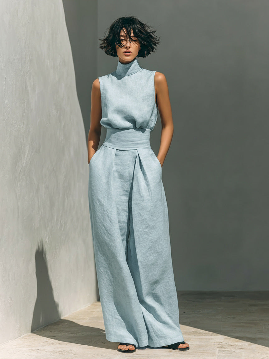 Woman wearing Women's Cotton Linen Two-Piece Set – Sleeveless Top & Wide-Leg Pants, ideal for spring and summer fashion.