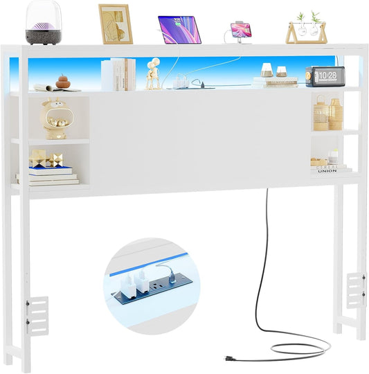 Modern Full Size Headboard With Storage RGB LED Lighting, featuring built-in power outlets and USB ports for convenient device charging.