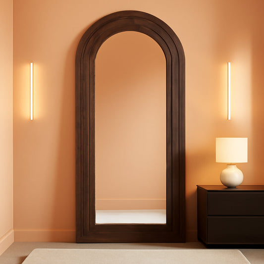 Arched Full Length Mirror 71x32 Inch Brown Solid Wood Frame in modern interior setting.