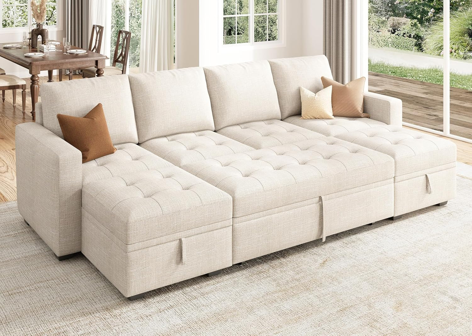 Beige Modular Sleeper Sectional Couch With Storage in modern living room