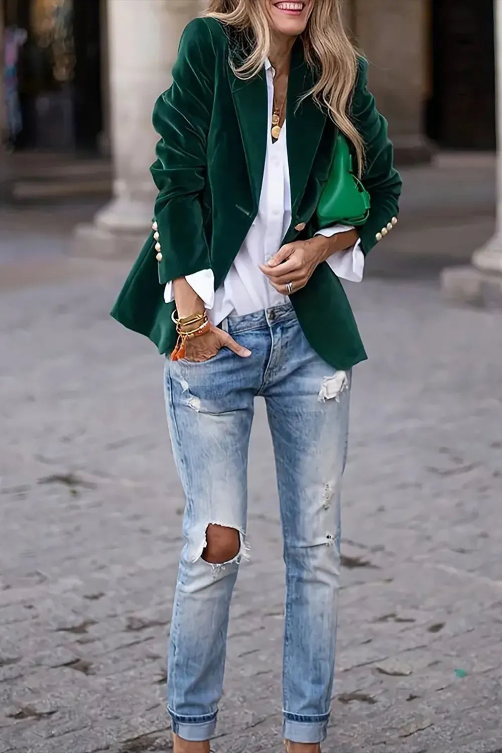 One-Button Lapel Collar Long Sleeve Blazer for Women styled with casual jeans and top
