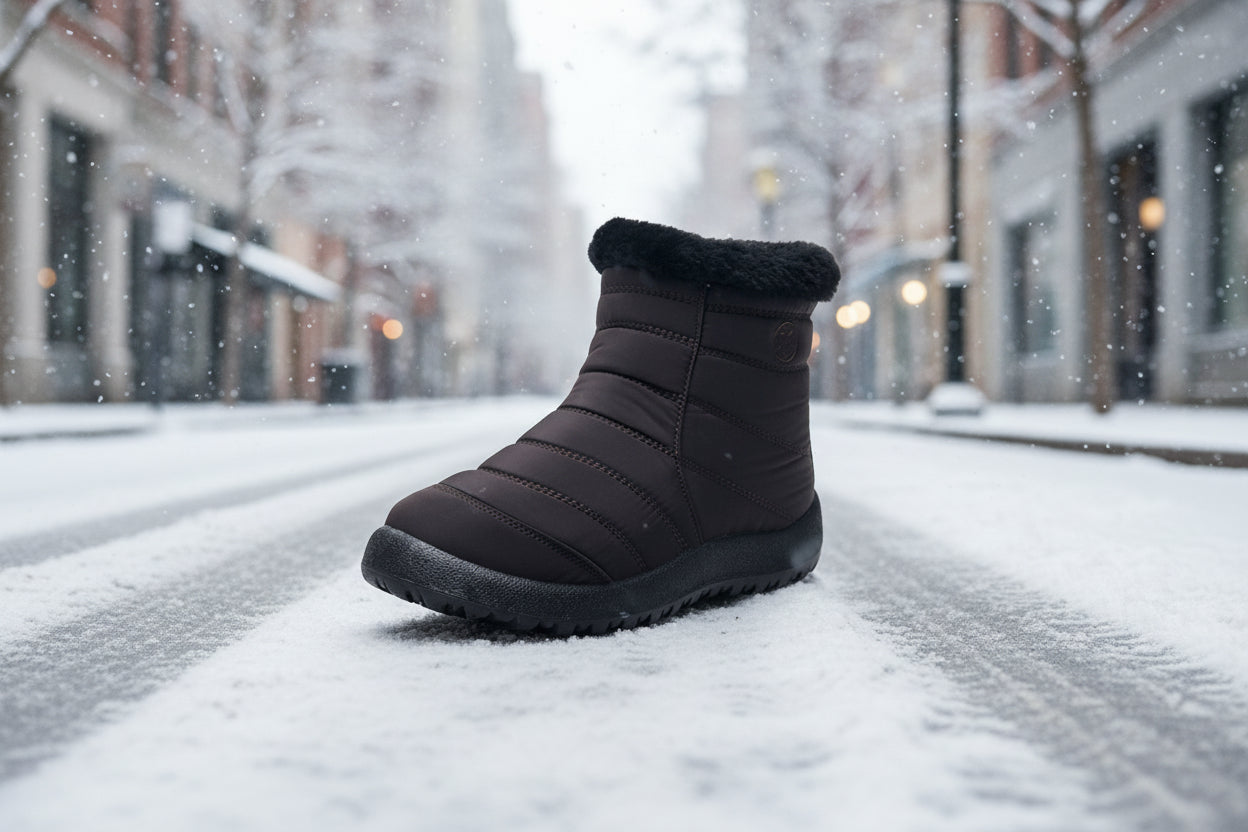 Women’s Thickened Cotton Snow Boots – Waterproof Warm Winter Boots displayed on snowy street.