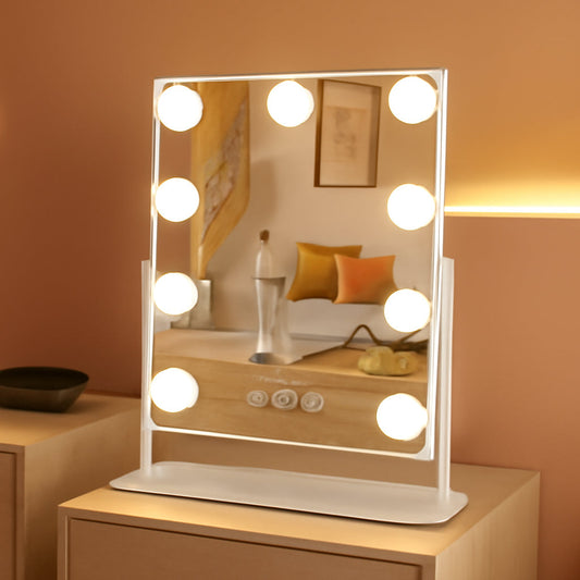Lighted Vanity Mirror With Detachable 10X Magnification, 15x12 Travel Size on dresser, bright bulbs, compact stylish design
