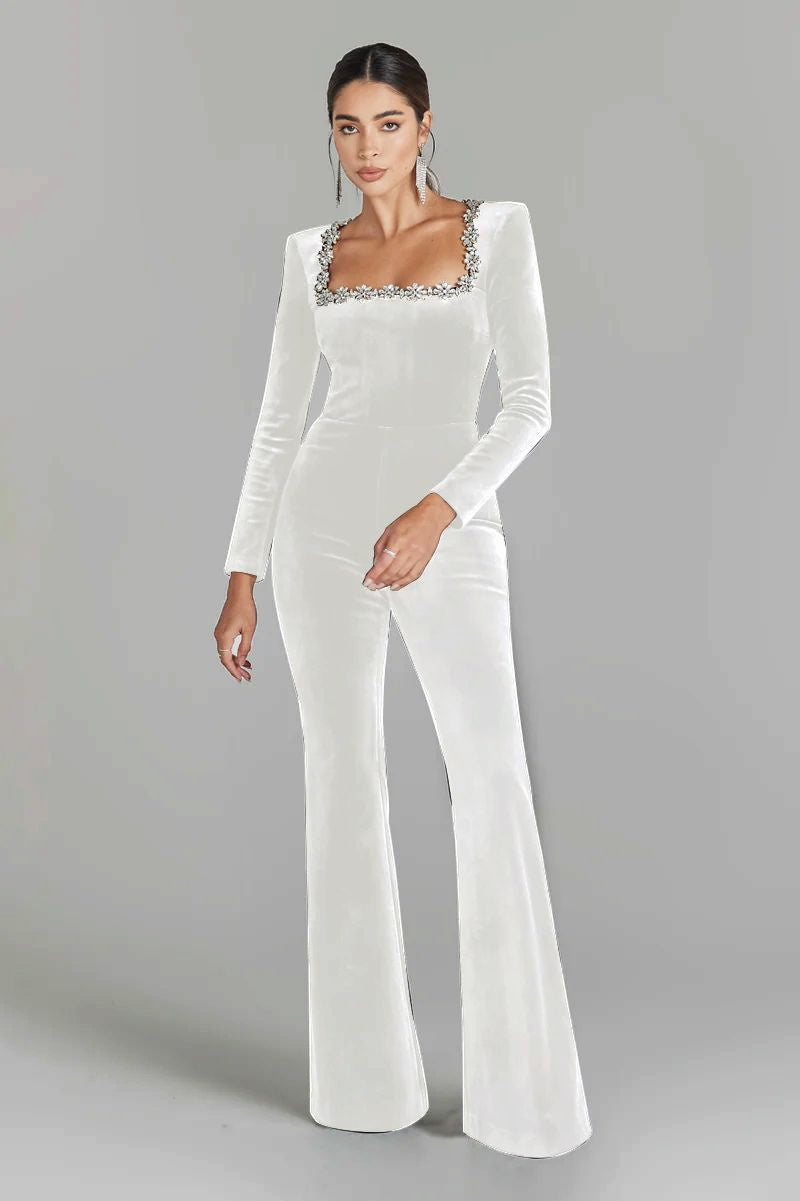 Model wearing Women’s Diamond-Encrusted Square-Collar Flared Jumpsuit showcasing elegant square neckline and flared legs.