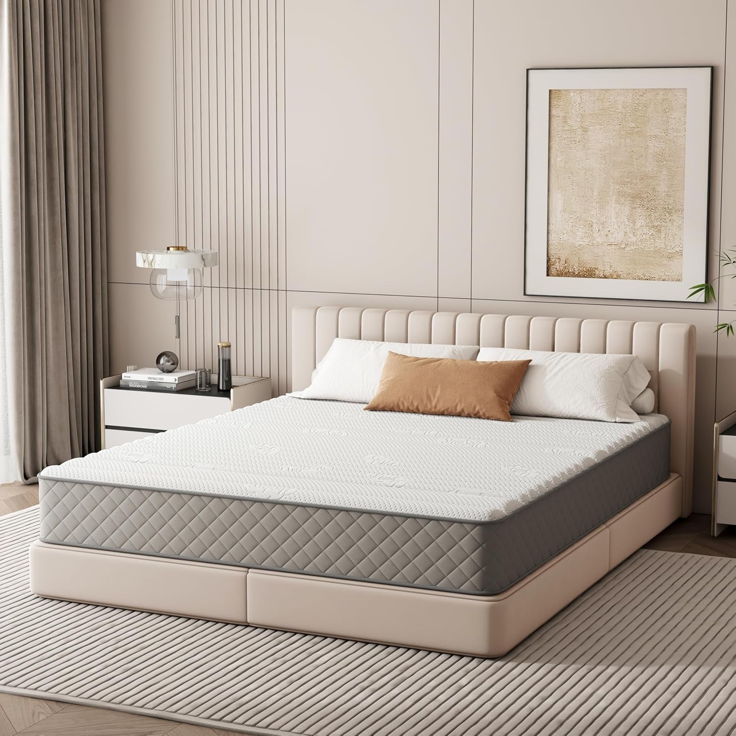 Modern bedroom featuring Full 10 Inch Hybrid Mattress With Cooling Gel Memory Foam on a stylish bed frame.
