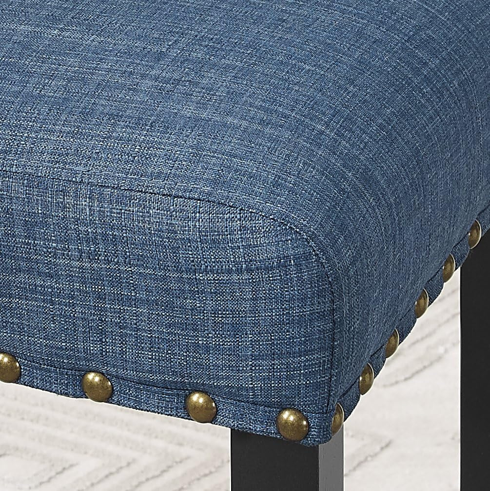 Close-up of blue upholstered stool from Espresso Wood Counter Height Dining Set with brass nailhead trim.