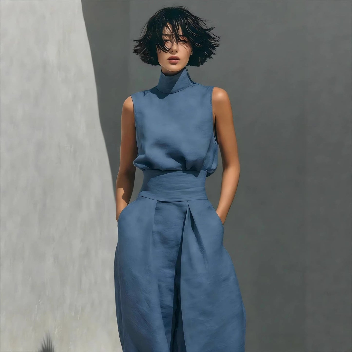 Model wearing Women’s Cotton Linen Two-Piece Set – Sleeveless Top & Wide-Leg Pants in blue, showcasing relaxed summer fashion.