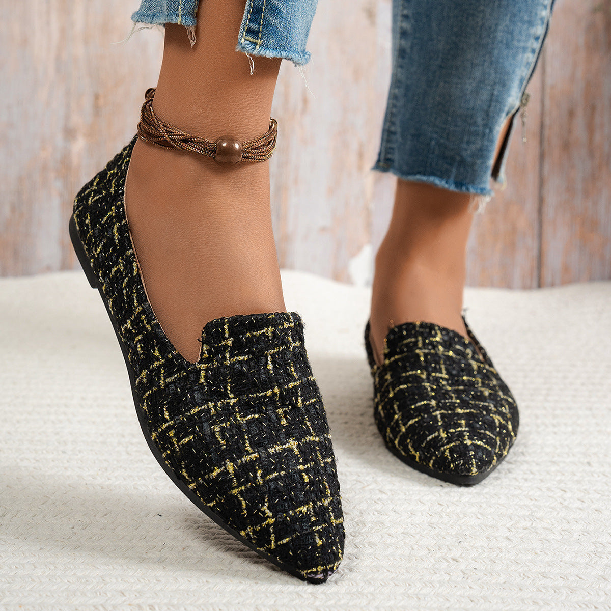 Black Women’s Flat Pointed-Toe Thin Shoes — Casual Everyday Flats on white rug with denim jeans