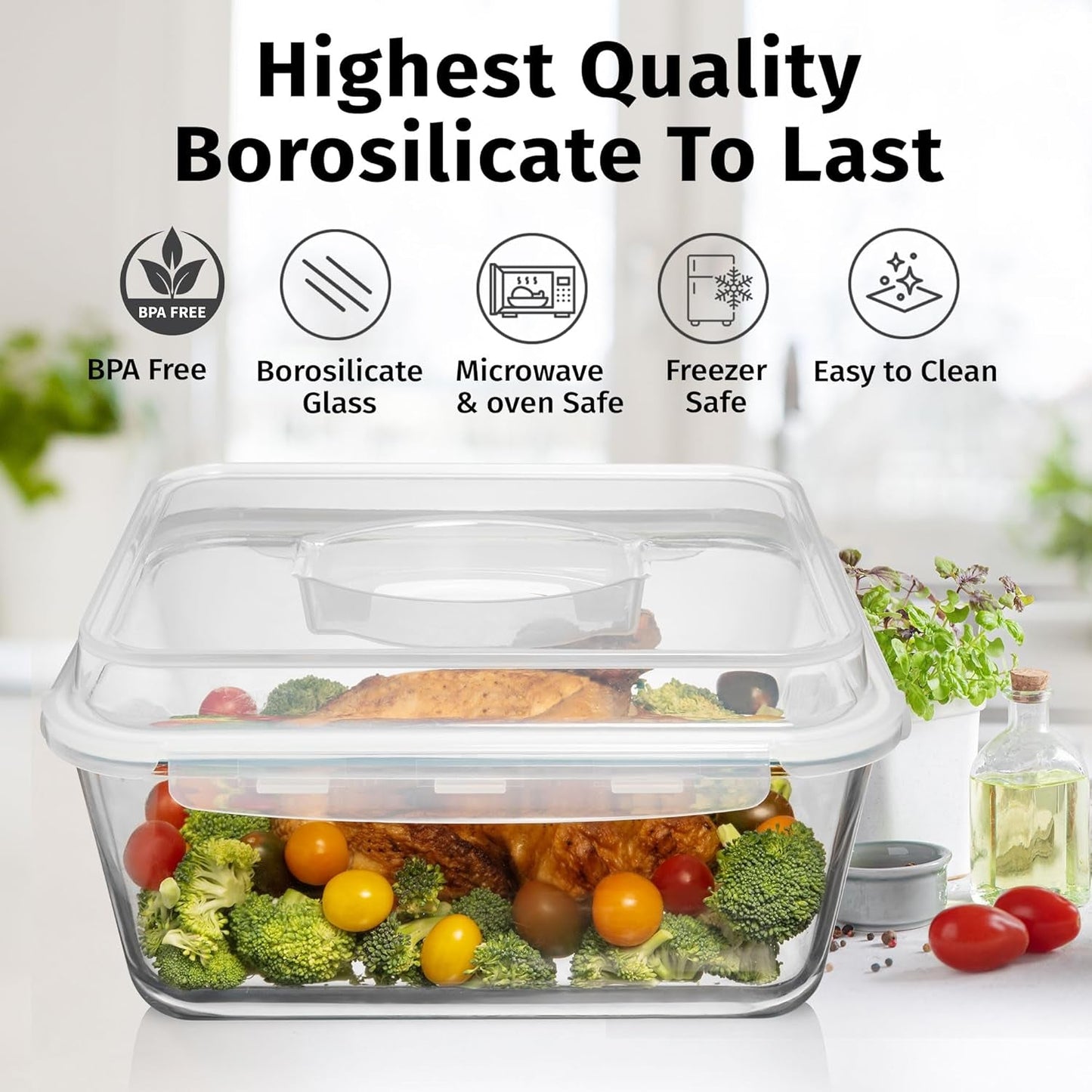 6500 ML / 220 Oz / 28 Cup LARGE Glass Food Storage Container with Airtight Locking Lid filled with vegetables and chicken