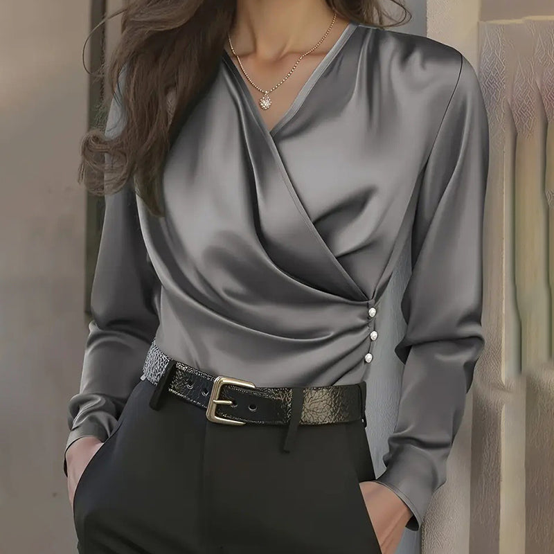 Women's Elegant Cross V-Neck Blouse, Ruffle Detail Button Accent Office Shirt worn with black pants