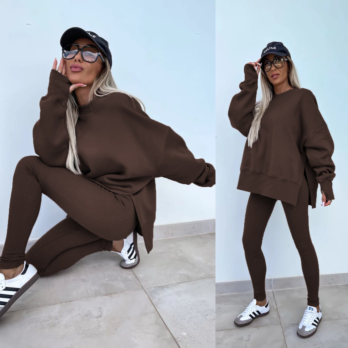Woman wearing Women’s Casual Sweater Suit – Loose Split Top & Fitted Trousers Set in brown, paired with sneakers and hat.