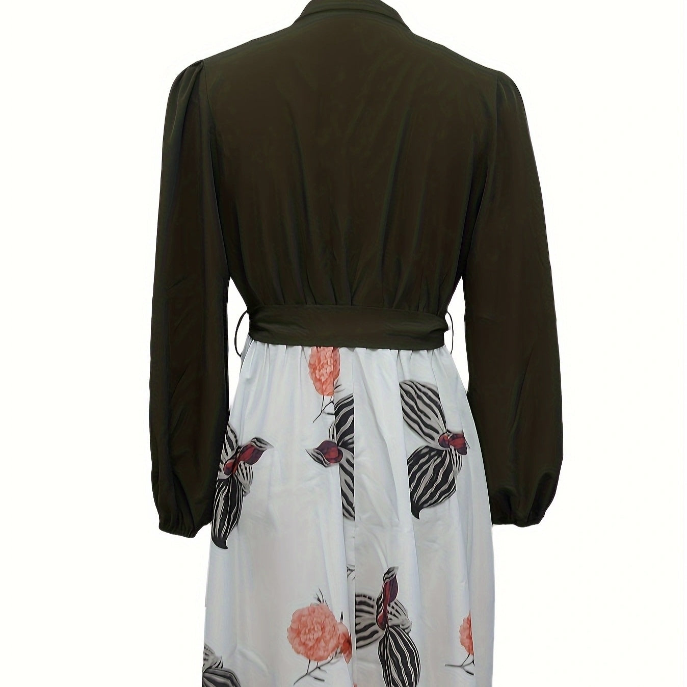 Ladies' Fashion Printed V-neck Waist Strap Casual Dress, long sleeves, floral print, polyester, summer style, lightweight