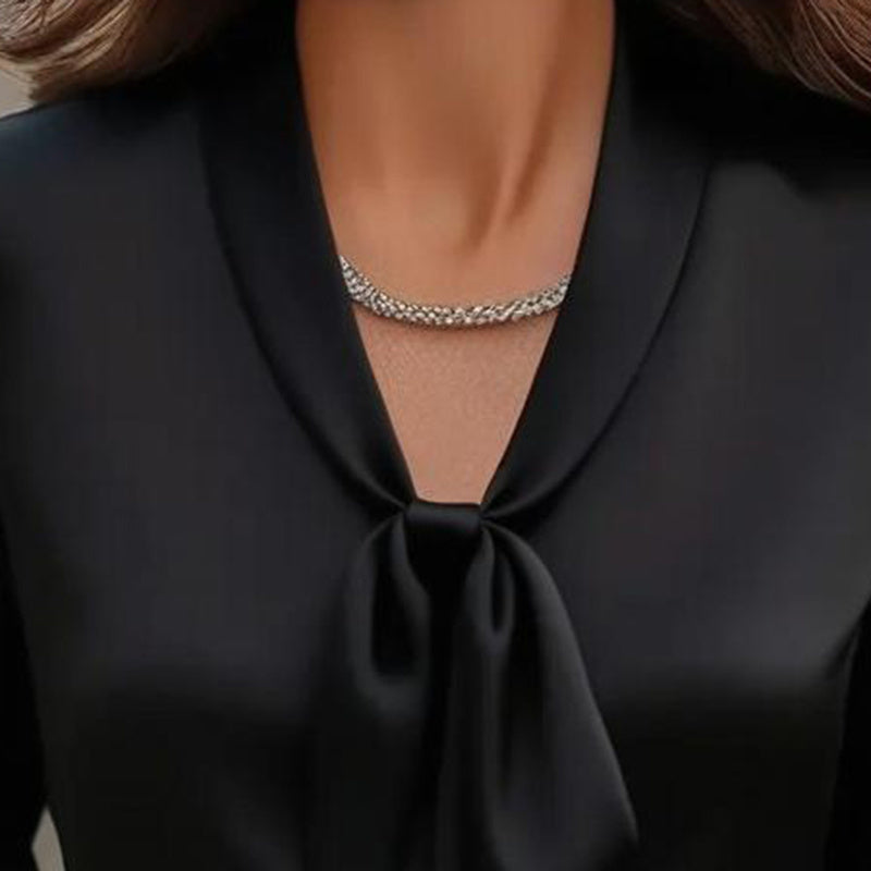 Elegant Satin Ribbon Blouse — Long Sleeve Button-Down Work Shirt with ribbon neck tie detail, ideal for professional settings.