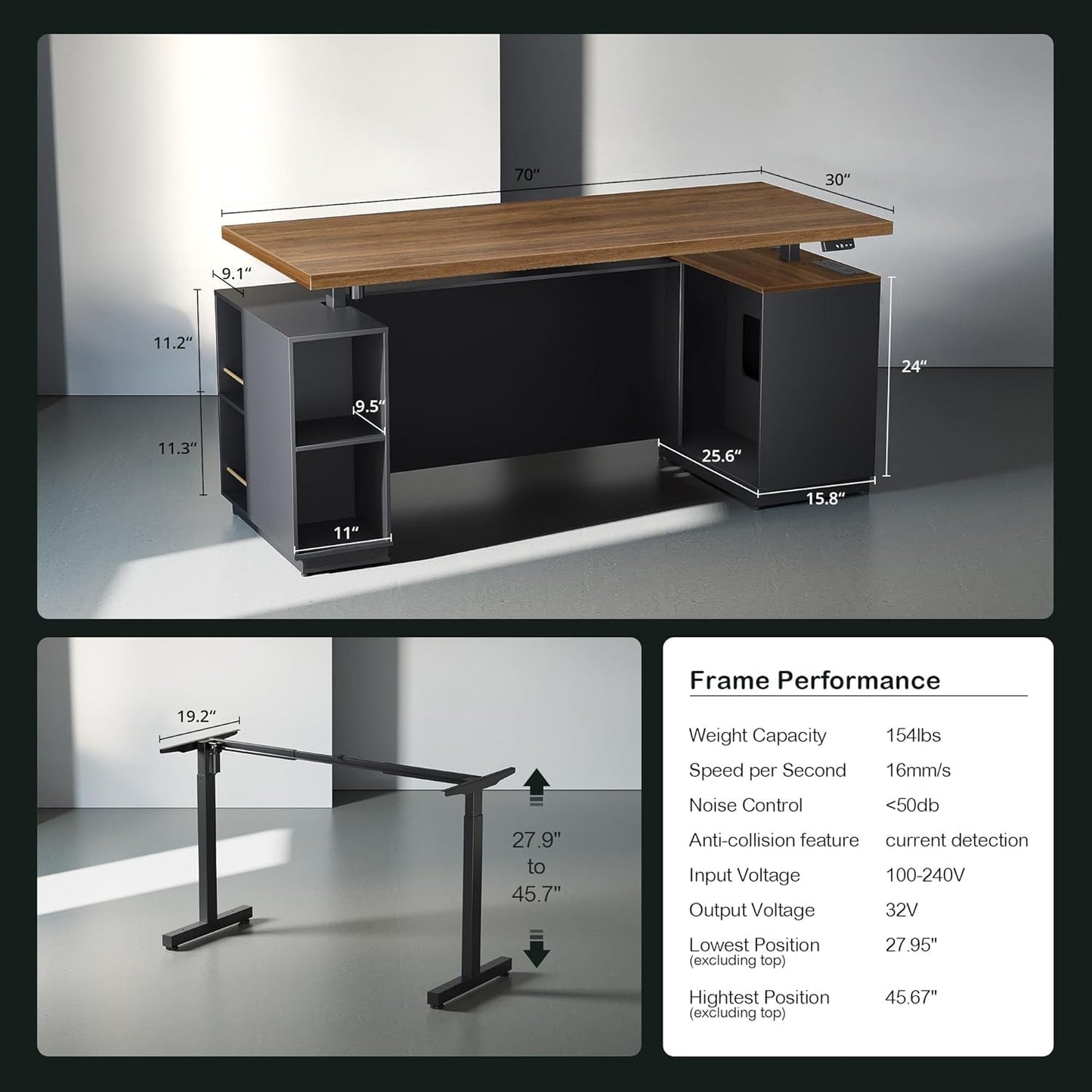 Dimensions and specifications of Walnut Seventy OneInch Height Adjustable Standing Desk Cabinets with black walnut finish.