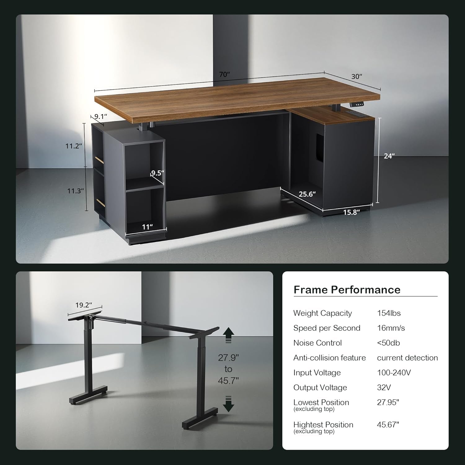 Dimensions and specifications of Walnut Seventy OneInch Height Adjustable Standing Desk Cabinets with black walnut finish.