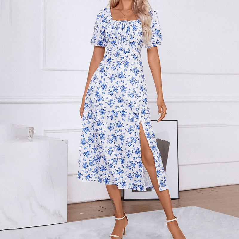 Square Neck Floral Print Dress With Puff Sleeves & Side Slit Maxi Dress
