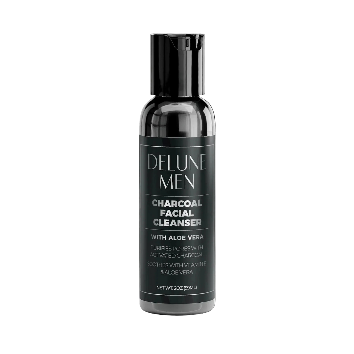 Bottle of Charcoal Facial Cleanser with activated charcoal and aloe vera for deep cleansing and hydration.