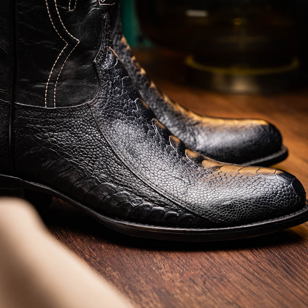 Denver Black genuine ostrich leg skin cowboy boot showcasing luxurious texture and elegant design.