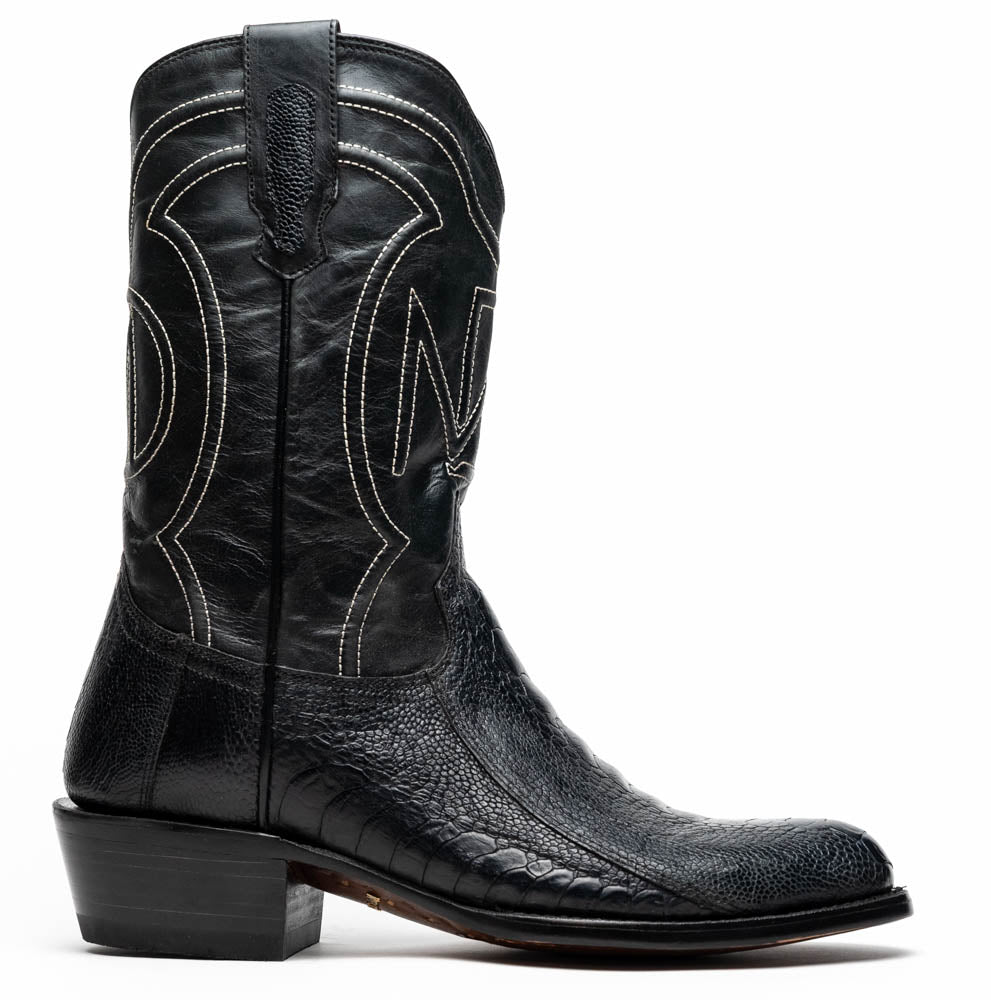 Denver Black cowboy boot made from genuine ostrich leg skin with intricate design and round toe.