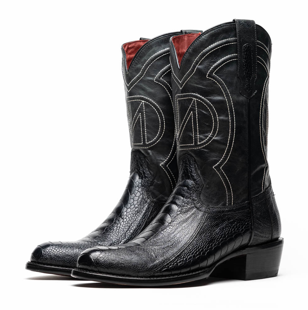 Denver Black genuine ostrich leg skin cowboy boot with detailed natural ridges and black full-grain leather, showcasing luxury.