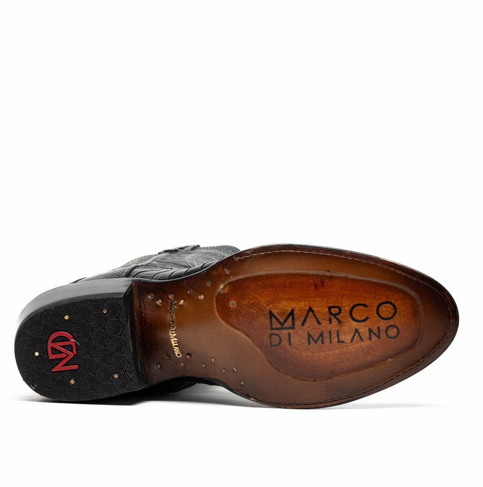 Sole view of Denver Black cowboy boot with Marco di Milano logo, made from genuine ostrich leg skin.