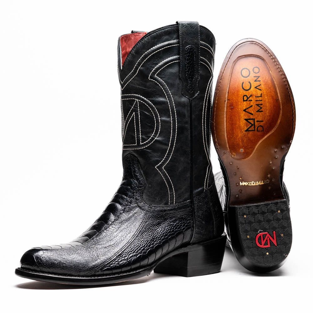 Denver Black genuine ostrich leg skin cowboy boot with exotic design and deep red vamp, from the Western Collection.