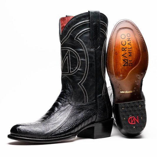 Denver Black genuine ostrich leg skin cowboy boot with exotic design and deep red vamp, from the Western Collection.
