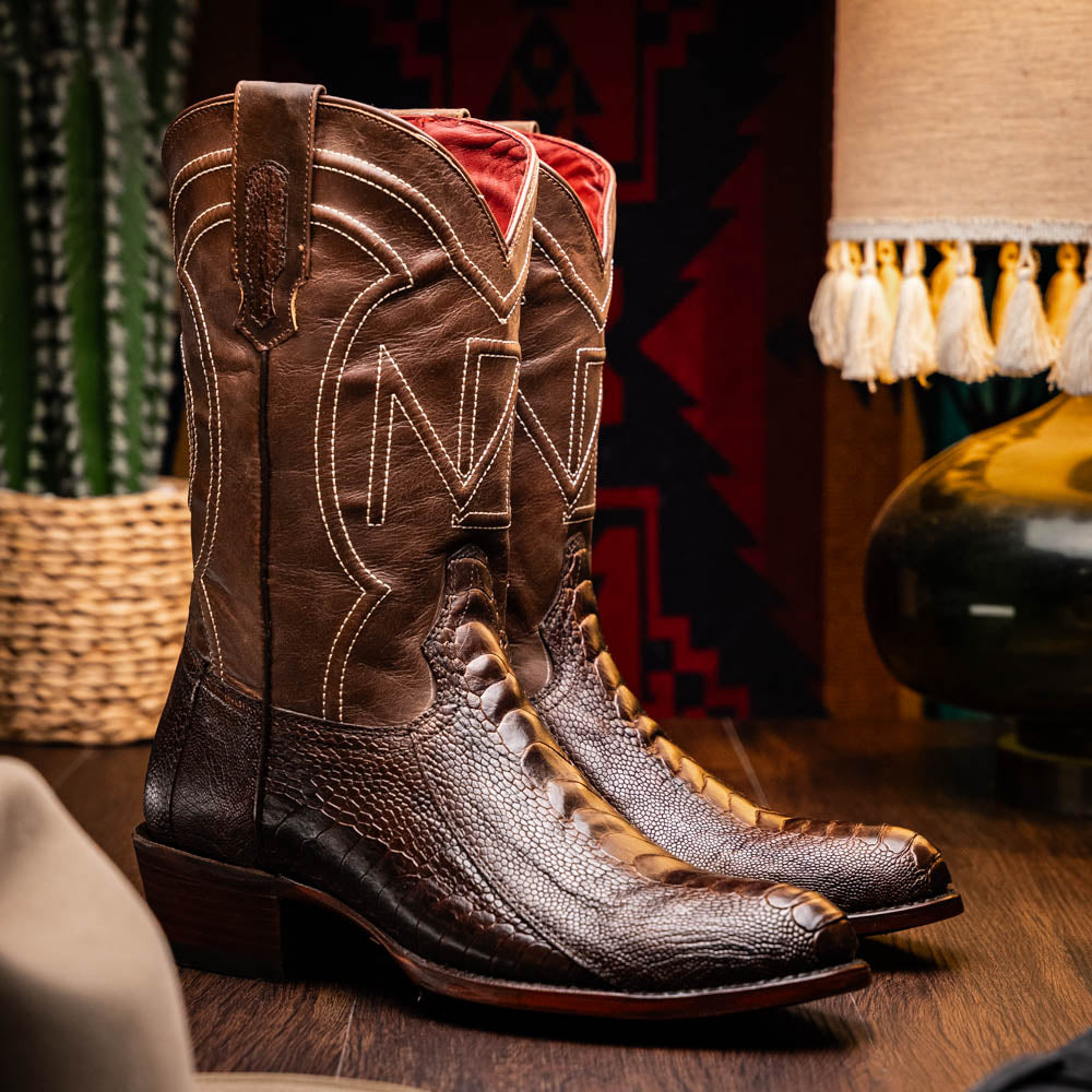 Denver Clear Brown genuine ostrich leg skin cowboy boot with round-toe design from the Western Collection, showcasing exotic elegance.