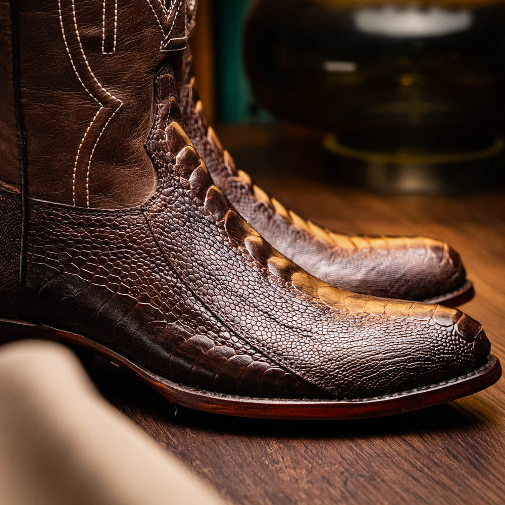 Denver Clear Brown ostrich leg skin cowboy boots, genuine leather, round-toe, bold style, exotic elegance, Western collection.