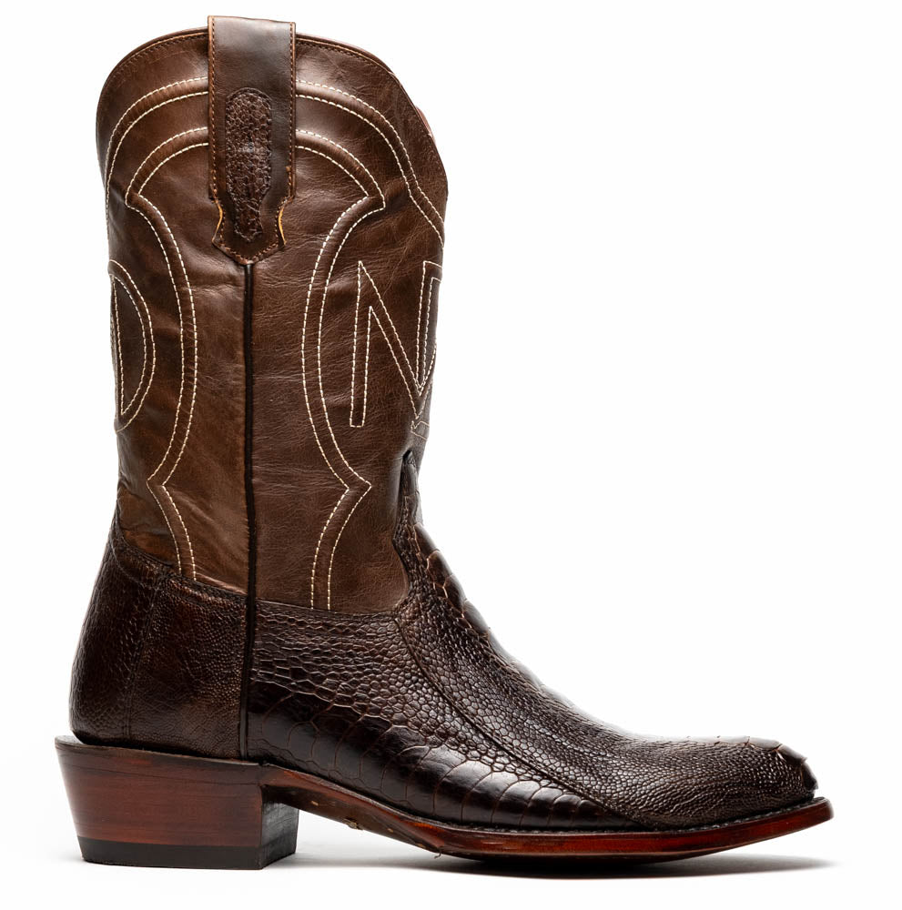 Denver Clear Brown cowboy boot in genuine ostrich leg skin with rich detail and bold style, featuring a deep red vamp and black full-grain.