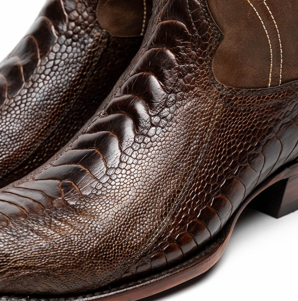 Denver Clear Brown cowboy boot in genuine ostrich leg skin, featuring rich textured leather and elegant design.