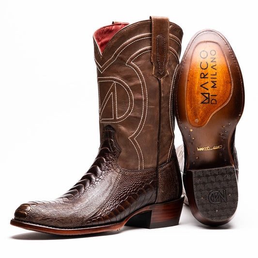 Denver Clear Brown genuine ostrich leg skin cowboy boot with round toe and deep red vamp, featuring exotic luxury and bold style.